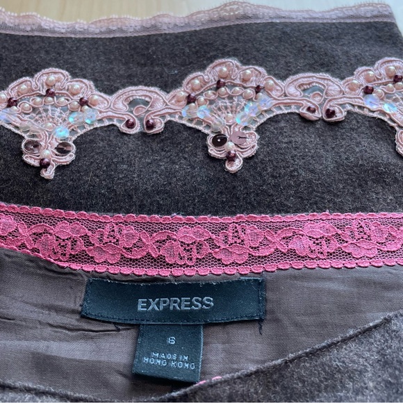 Y2K Express Wool Blend A Line Sequin Beaded Skirt Size 6 Brown & Blush Pink - Picture 10 of 13